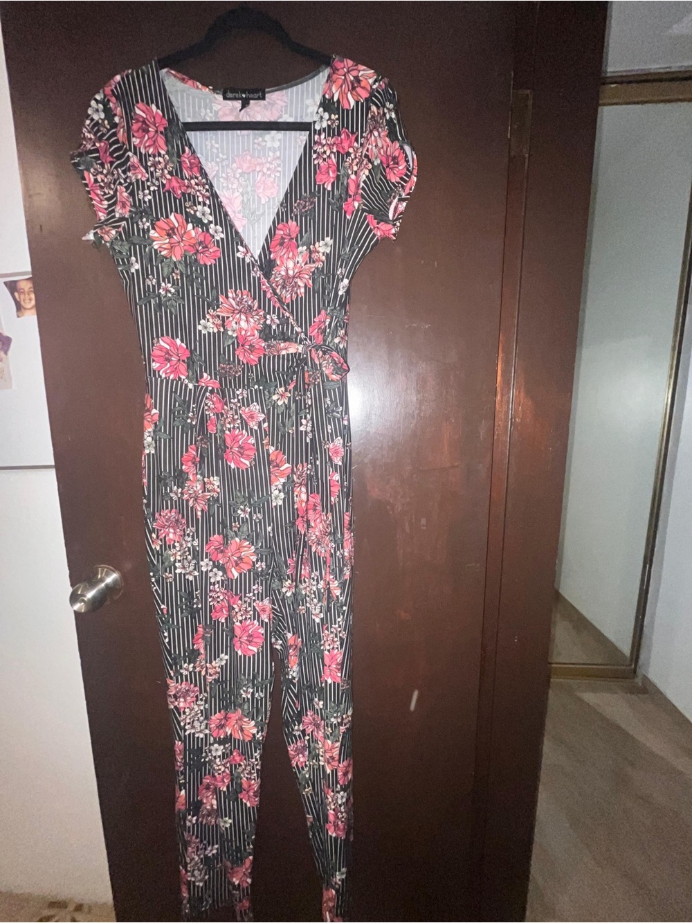 Floral Stripe Wrap Jumpsuit - Black with Pink Floral